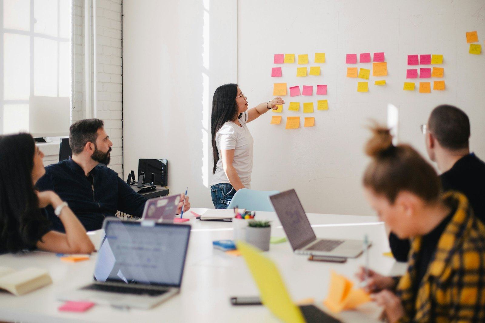 A working session in progress around a whiteboard